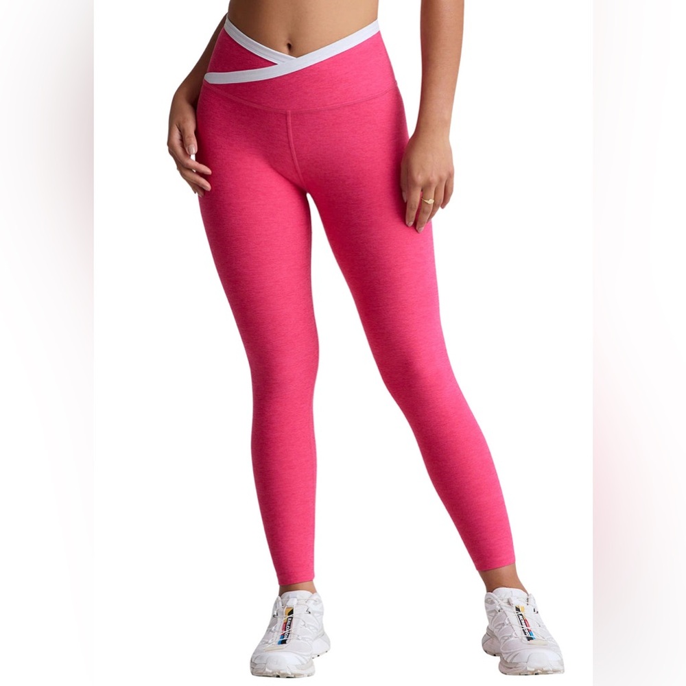 Beyond Yoga Hot Pink High-Rise Leggings with White Waistband Trim